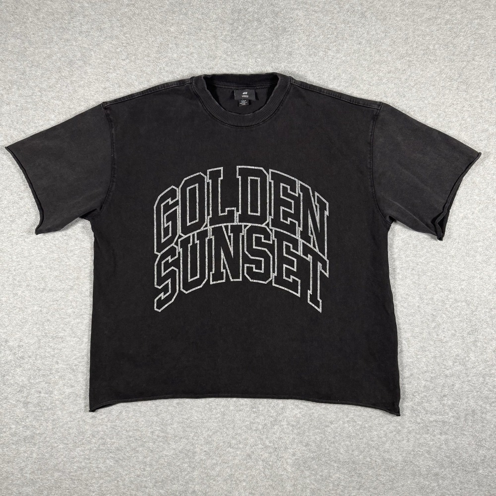 H&M Golden Sunset Oversized Boxy T-Shirt Women M Black Washed Raw Hem Graphic